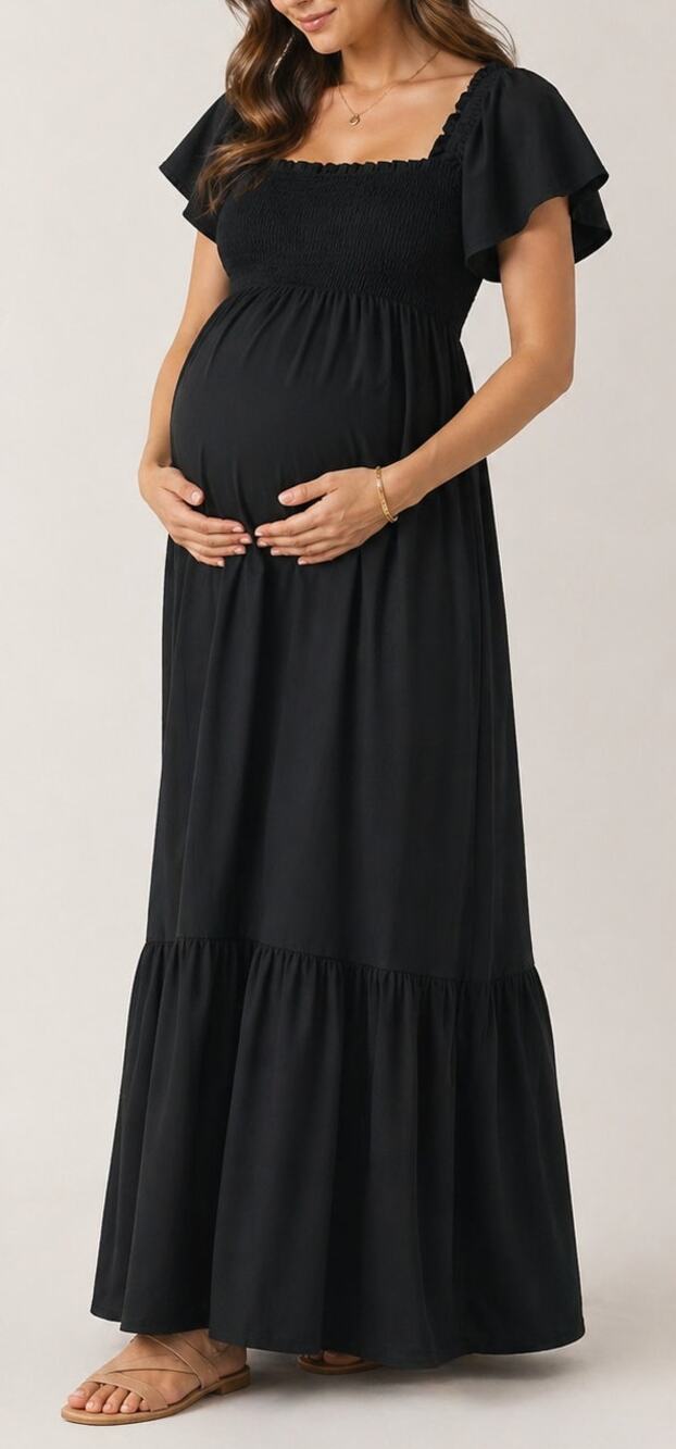 Kaileigh Maternity Babydoll A-Line Maxi Dress XS Black Cottagecore Boho Milkmaid